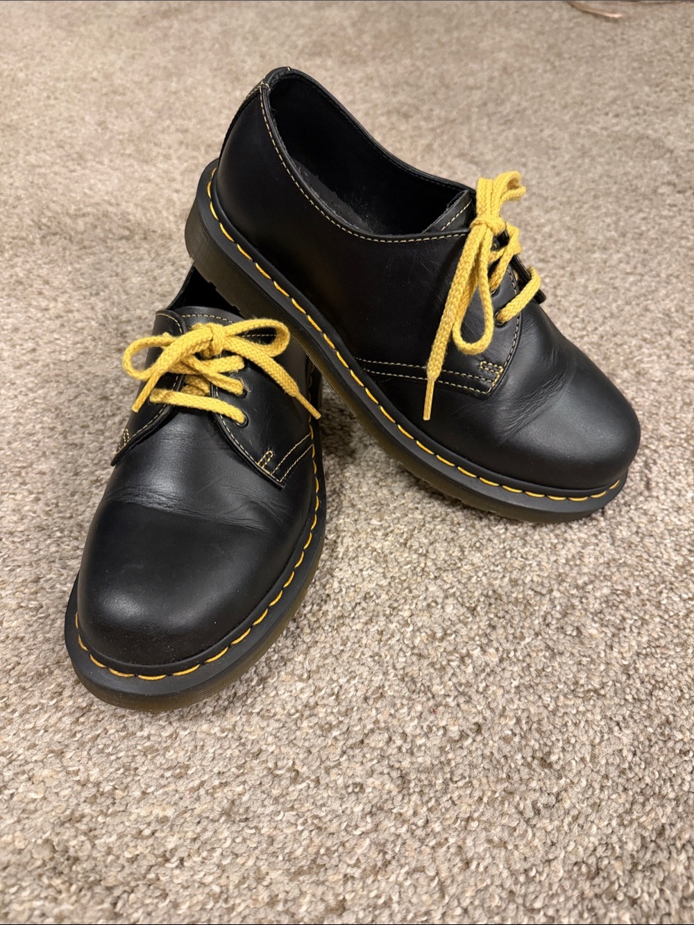 Dr. Martens Black Leather Oxford Shoes with Yellow Accents